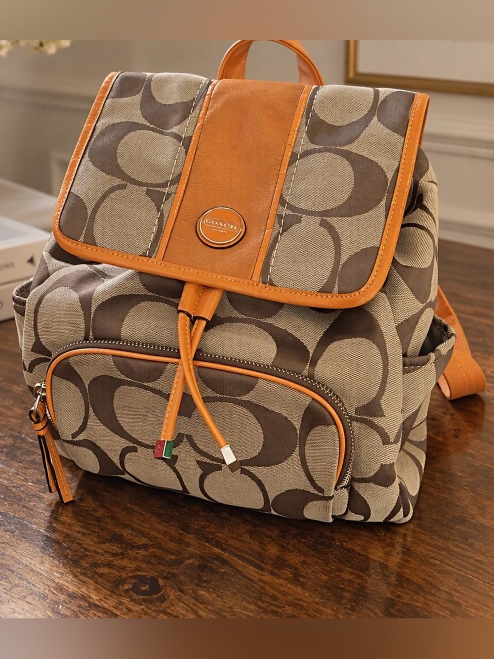 Coach Signature C Y2K Orange Trim Jacquard Drawstring Flap Backpack